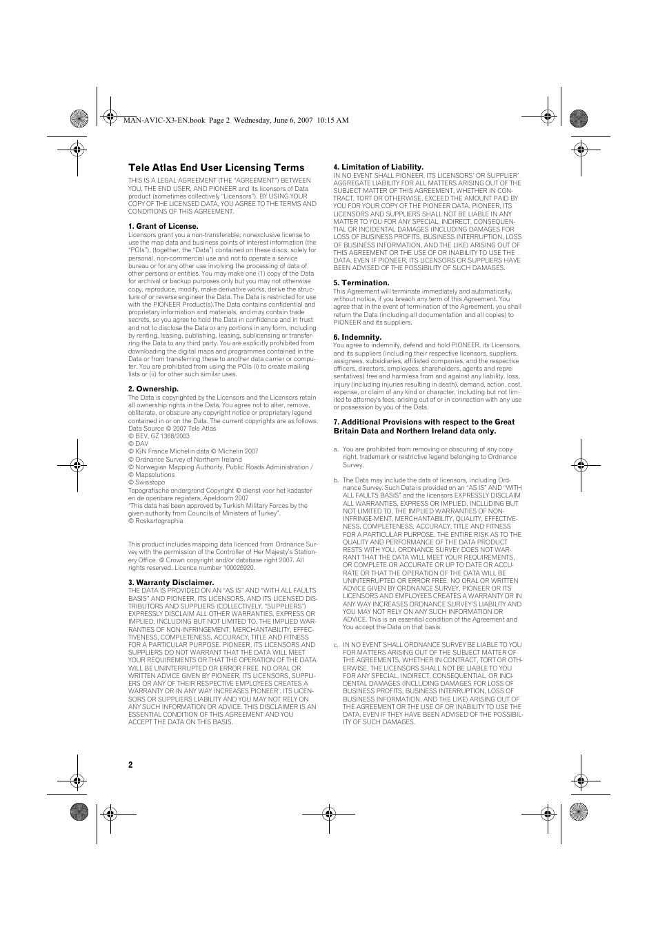Tele atlas end user licensing terms | Pioneer AVIC-X3 User Manual | Page 4 / 164
