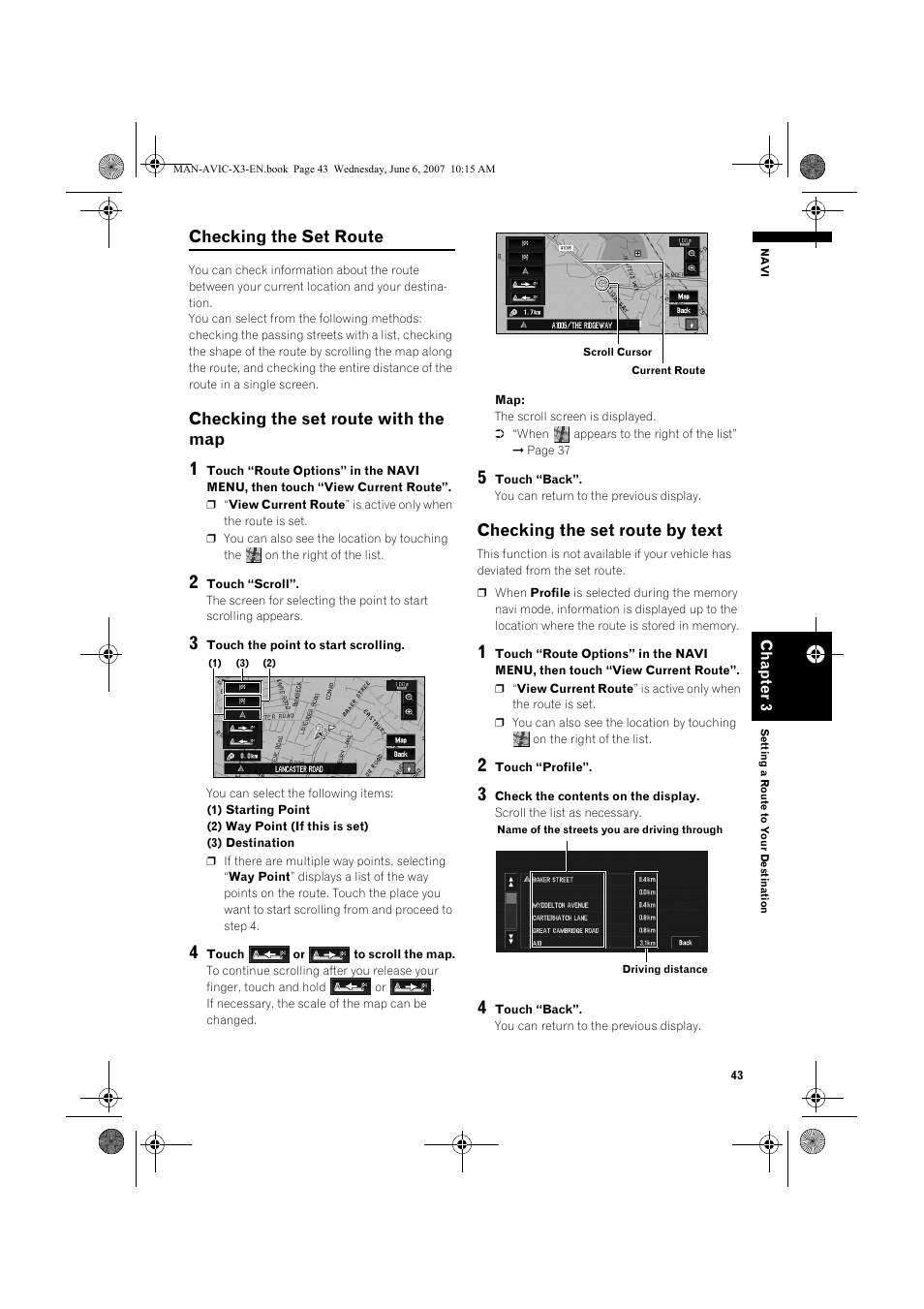 Checking the set route, Checking the set route with the map, Checking the set route by text | Pioneer AVIC-X3 User Manual | Page 45 / 164