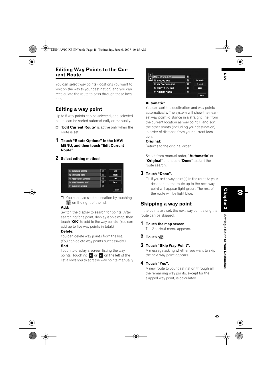 Editing way points to the cur- rent route, Editing a way point, Skipping a way point | Pioneer AVIC-X3 User Manual | Page 47 / 164