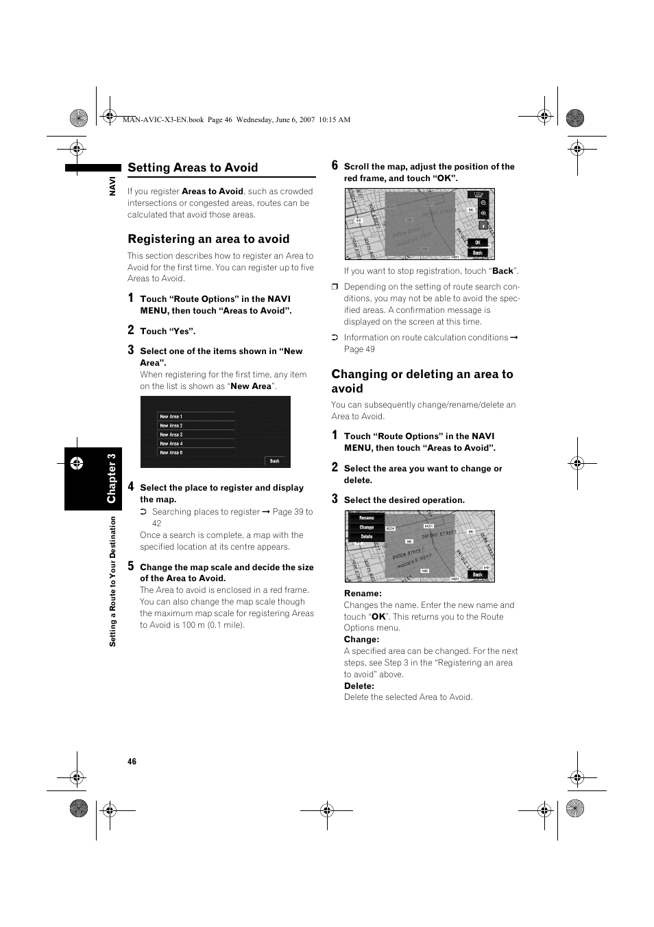 Setting areas to avoid, Registering an area to avoid, Changing or deleting an area to avoid | Pioneer AVIC-X3 User Manual | Page 48 / 164