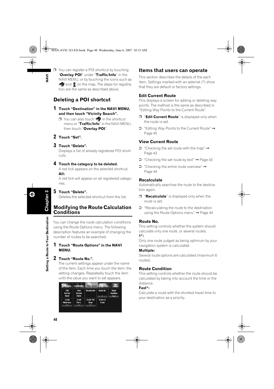 Deleting a poi shortcut, Modifying the route calculation conditions, Items that users can operate | Pioneer AVIC-X3 User Manual | Page 50 / 164