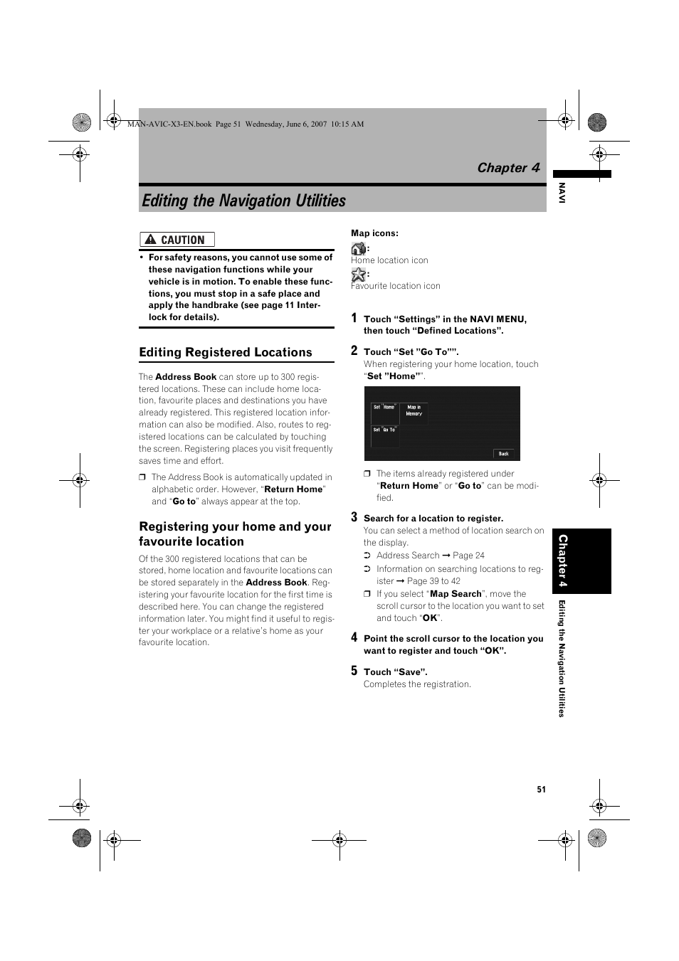 Editing the navigation utilities, Chapter 4, Editing registered locations | Registering your home and your favourite location | Pioneer AVIC-X3 User Manual | Page 53 / 164