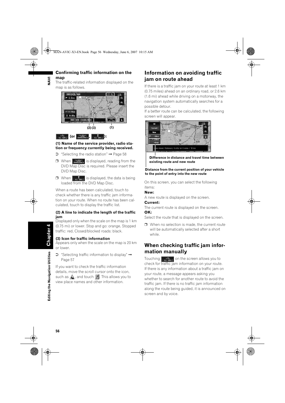 Information on avoiding traffic jam on route ahead, When checking traffic jam infor- mation manually | Pioneer AVIC-X3 User Manual | Page 58 / 164