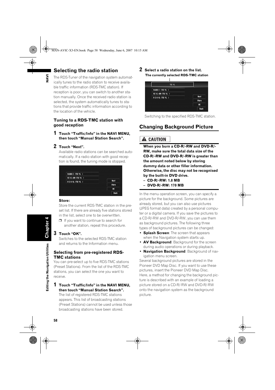 Selecting the radio station, Changing background picture | Pioneer AVIC-X3 User Manual | Page 60 / 164