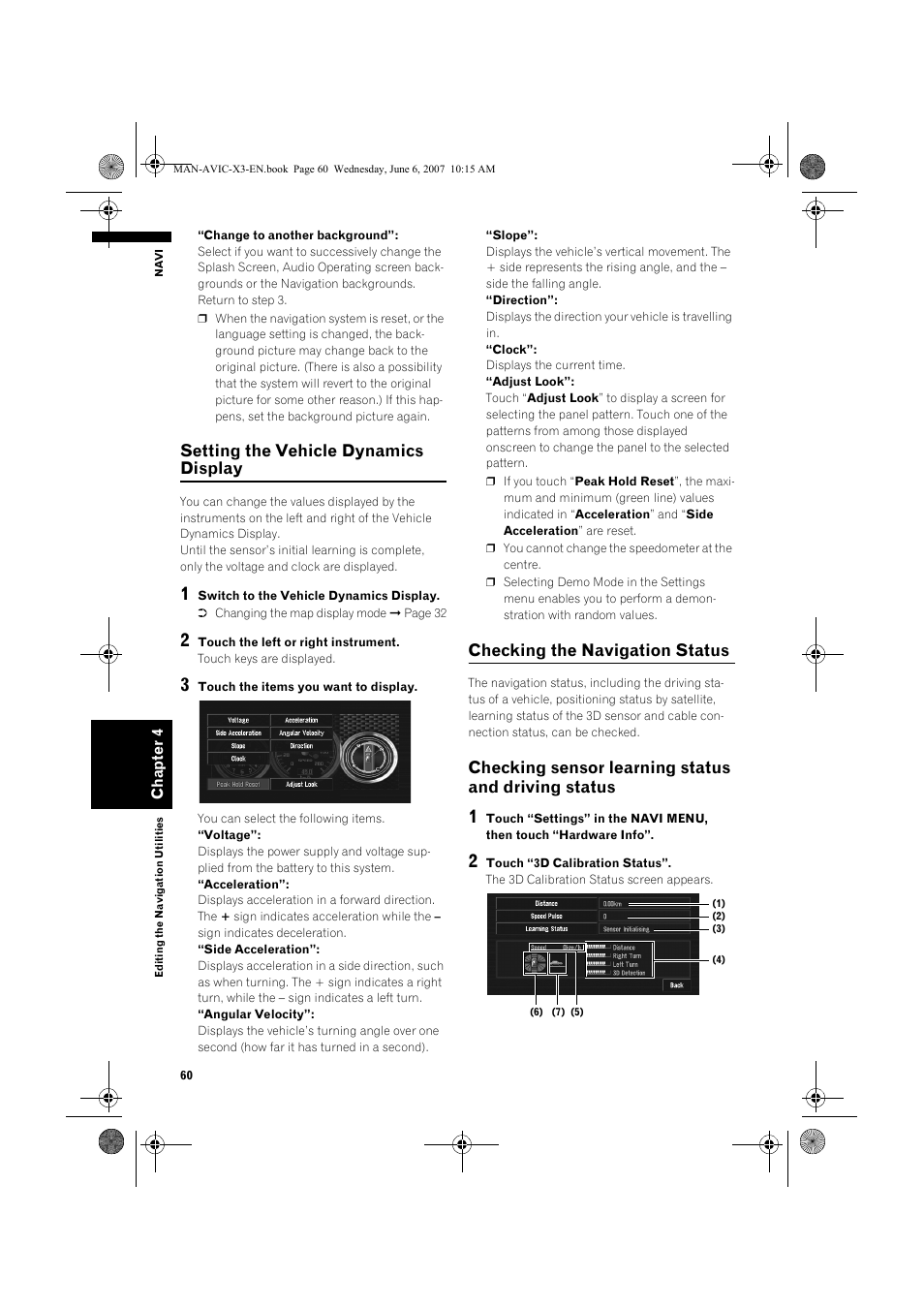 Setting the vehicle dynamics display, Checking the navigation status, Checking sensor learning status and driving status | Pioneer AVIC-X3 User Manual | Page 62 / 164