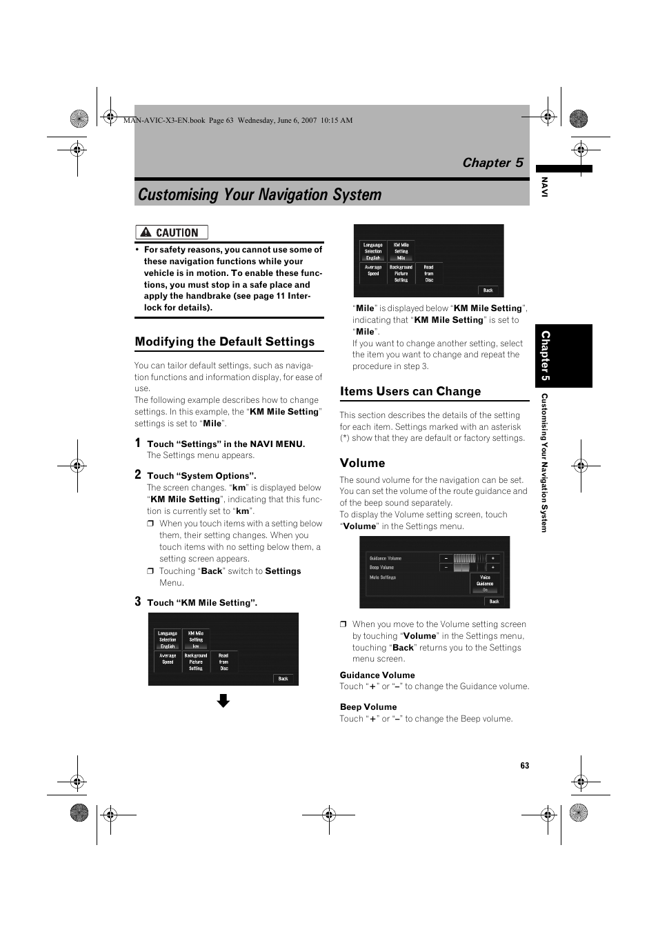 Customising your navigation system, Chapter 5, Modifying the default settings | Items users can change, Volume | Pioneer AVIC-X3 User Manual | Page 65 / 164