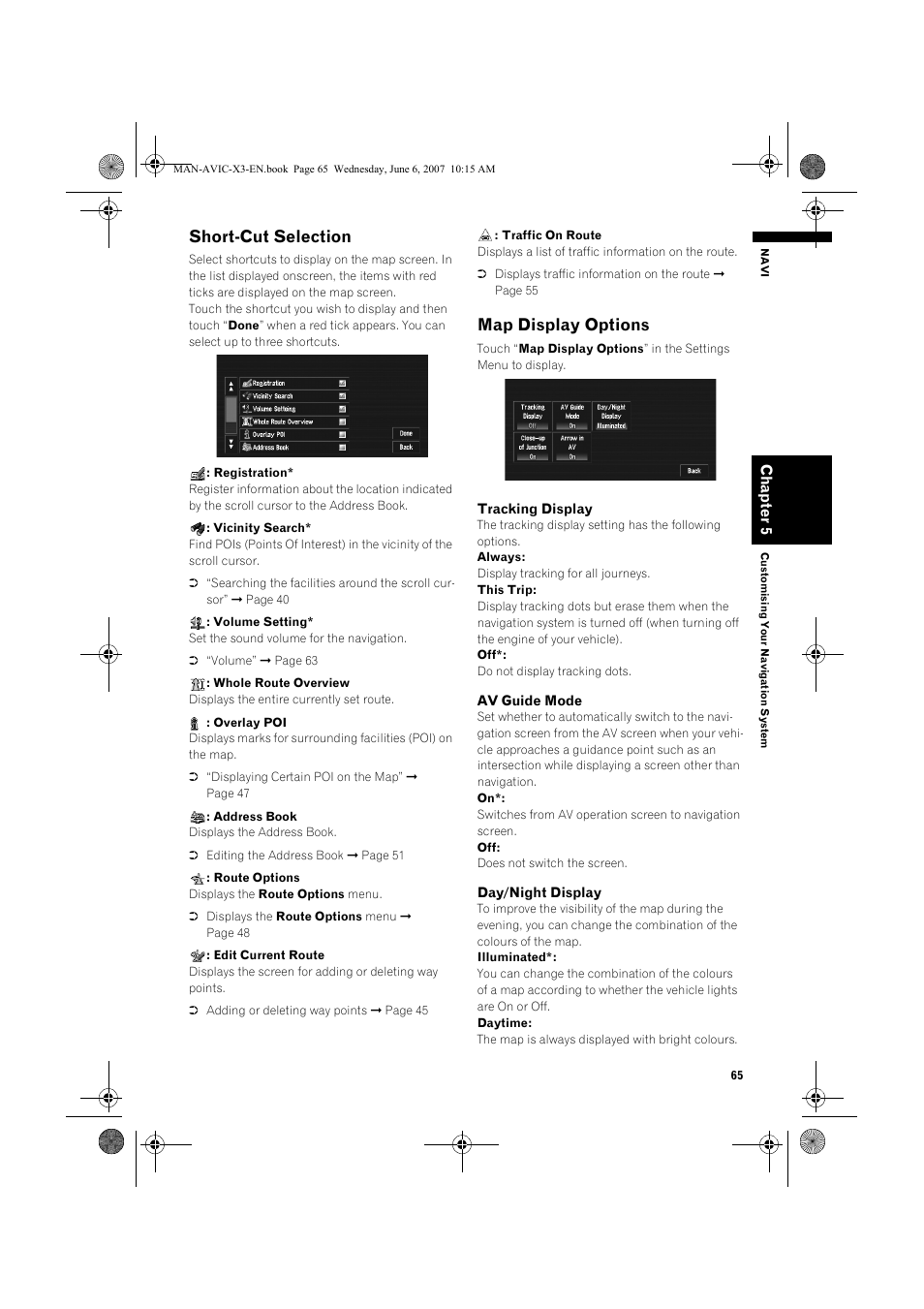 Short-cut selection, Map display options | Pioneer AVIC-X3 User Manual | Page 67 / 164