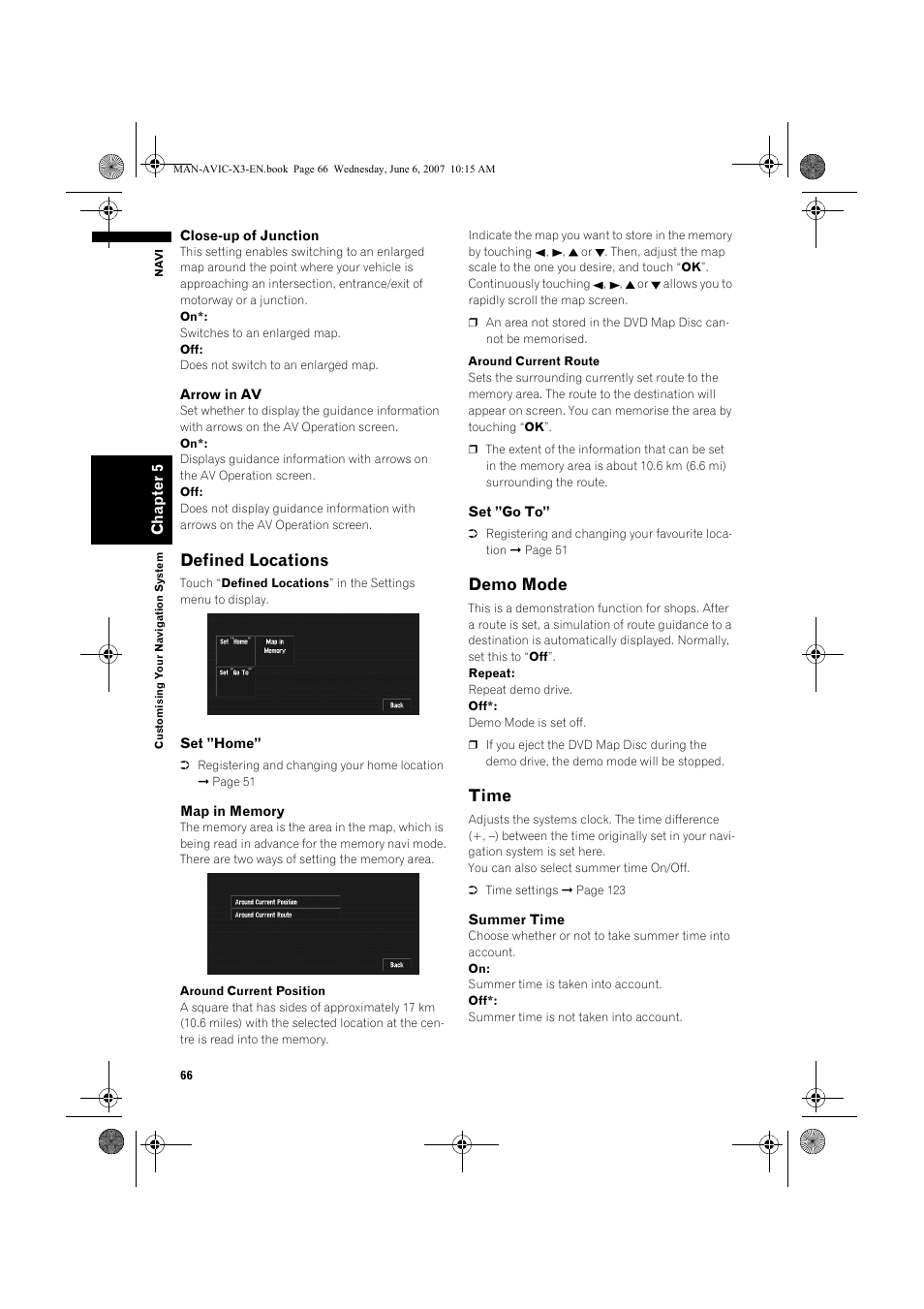 Defined locations, Demo mode, Time | Pioneer AVIC-X3 User Manual | Page 68 / 164