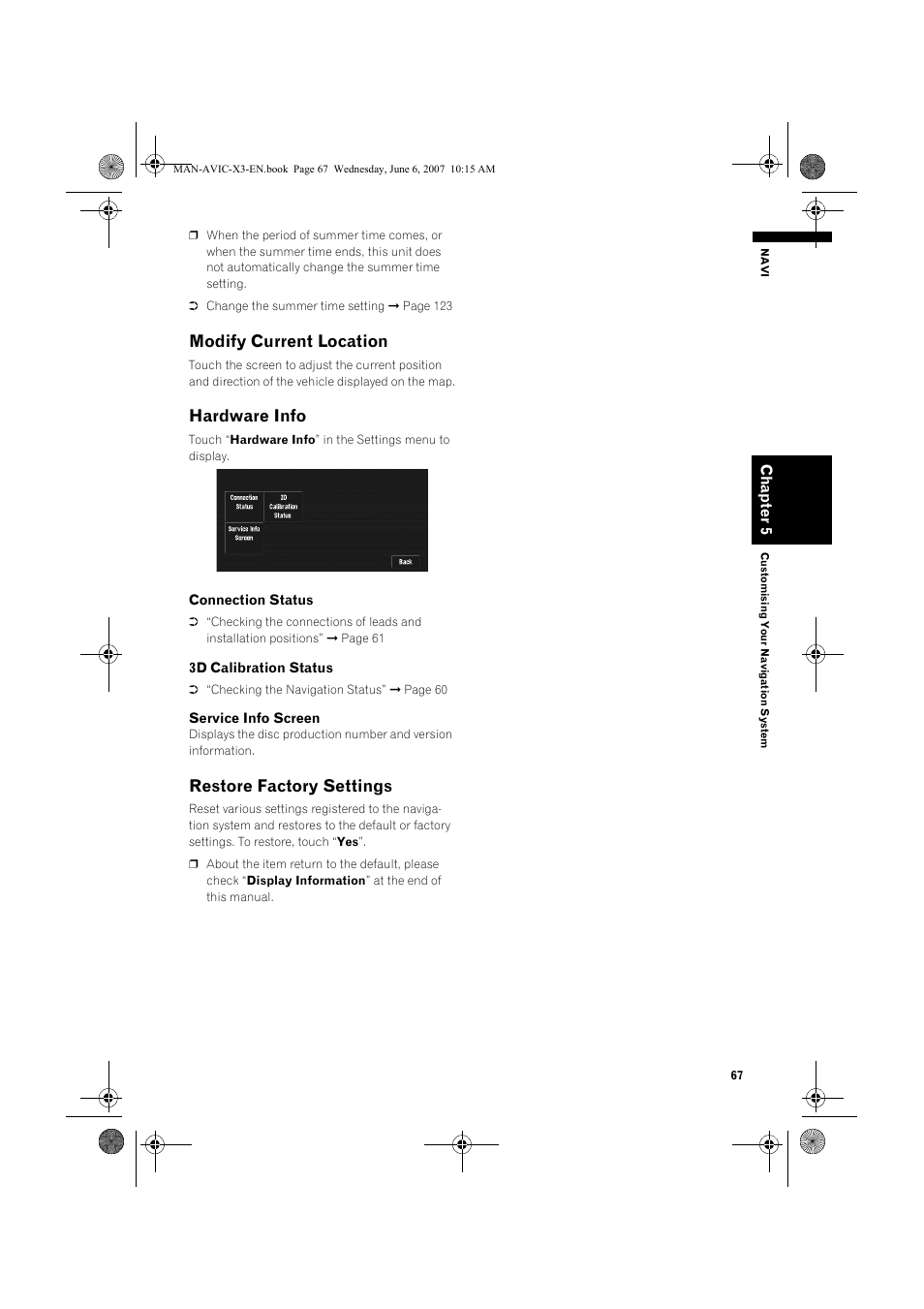 Modify current location, Hardware info, Restore factory settings | Pioneer AVIC-X3 User Manual | Page 69 / 164