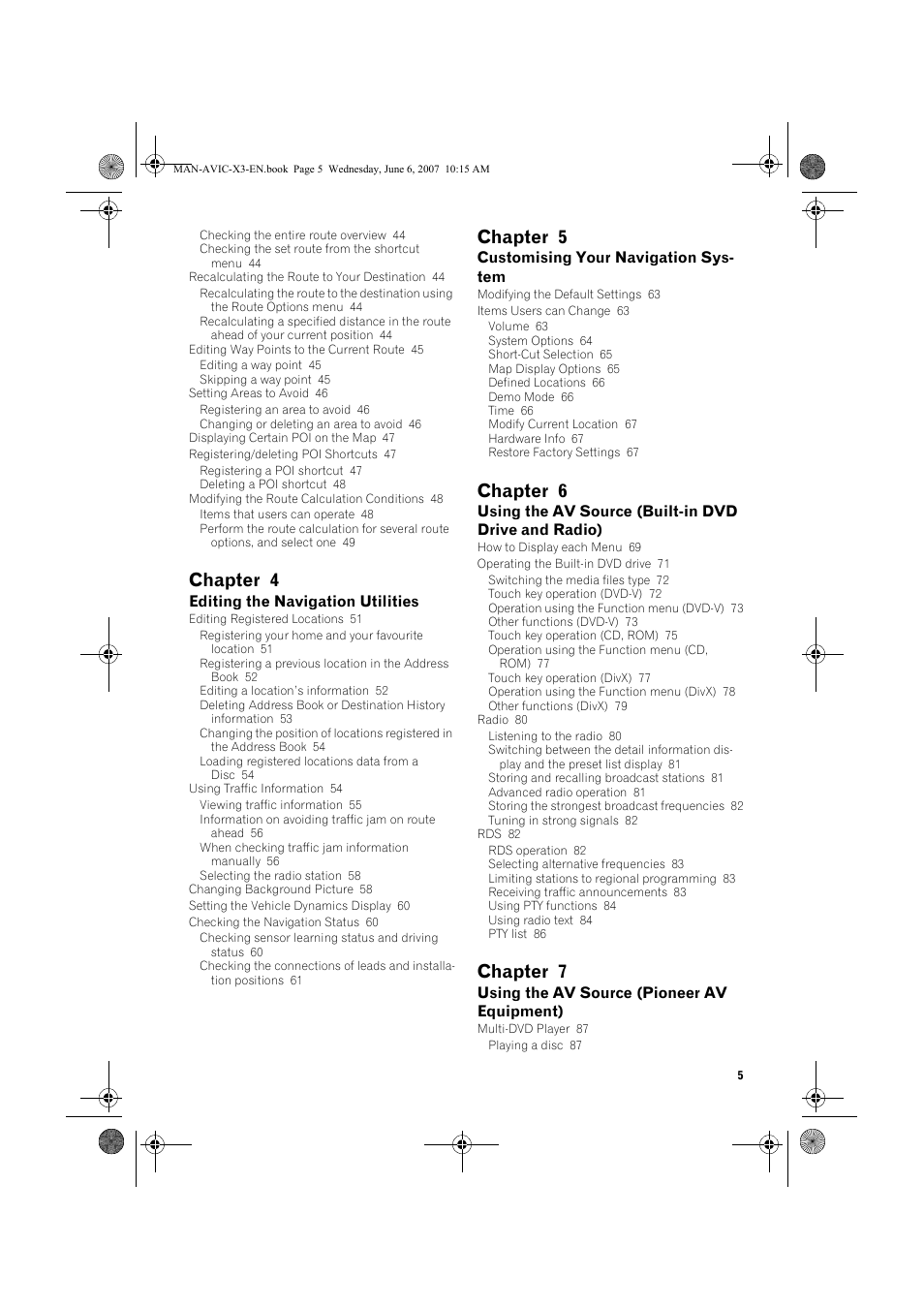 Chapter 4, Chapter 5, Chapter 6 | Chapter 7 | Pioneer AVIC-X3 User Manual | Page 7 / 164