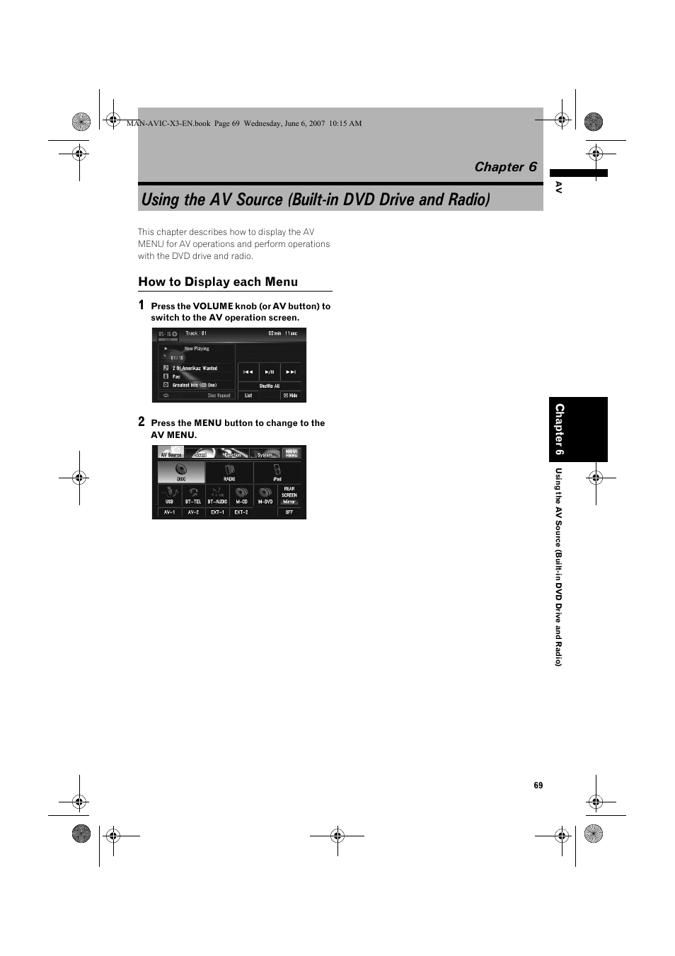 Using the av source (built-in dvd drive and radio), Chapter 6, How to display each menu | Pioneer AVIC-X3 User Manual | Page 71 / 164