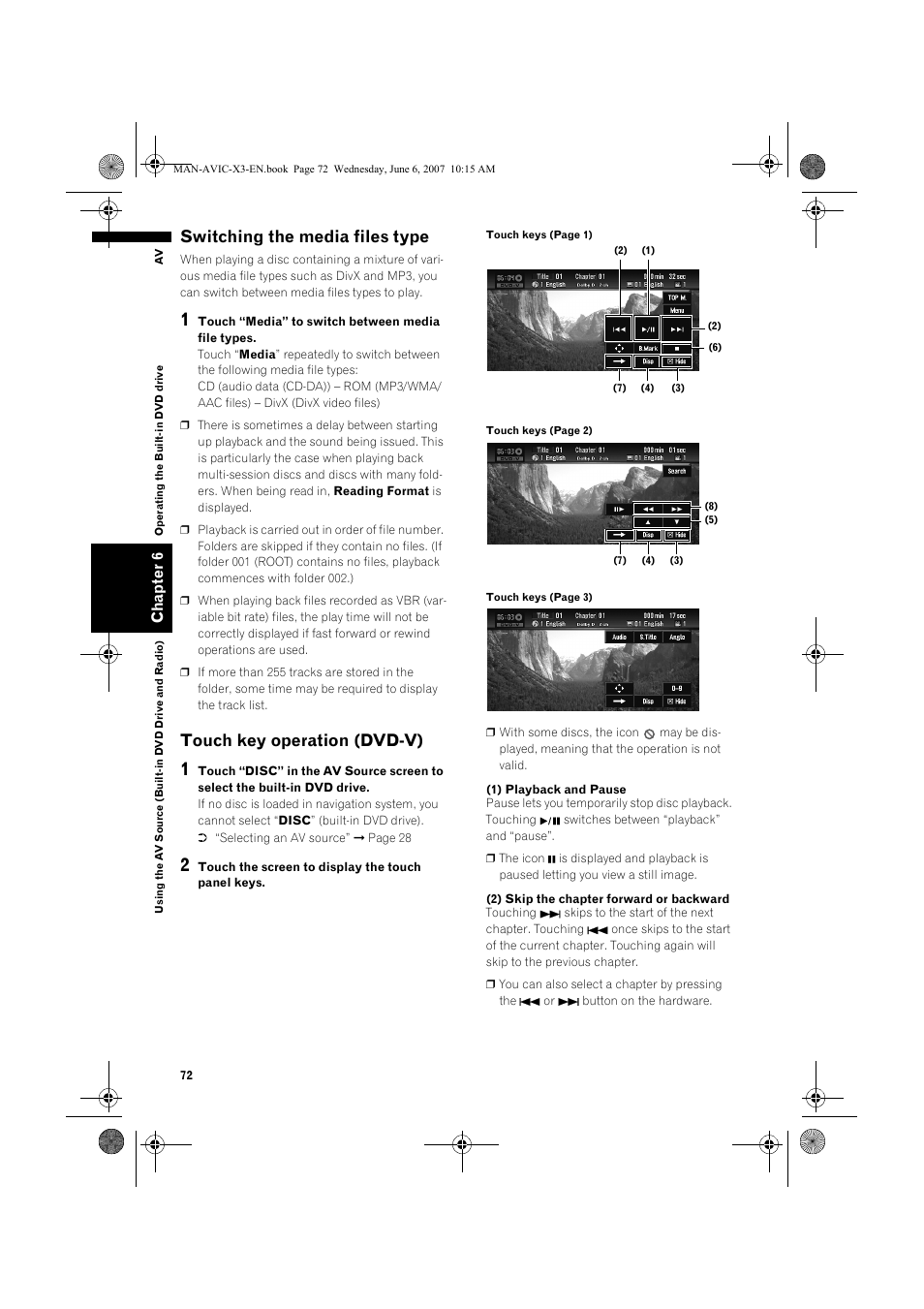 Switching the media files type, Touch key operation (dvd-v) | Pioneer AVIC-X3 User Manual | Page 74 / 164