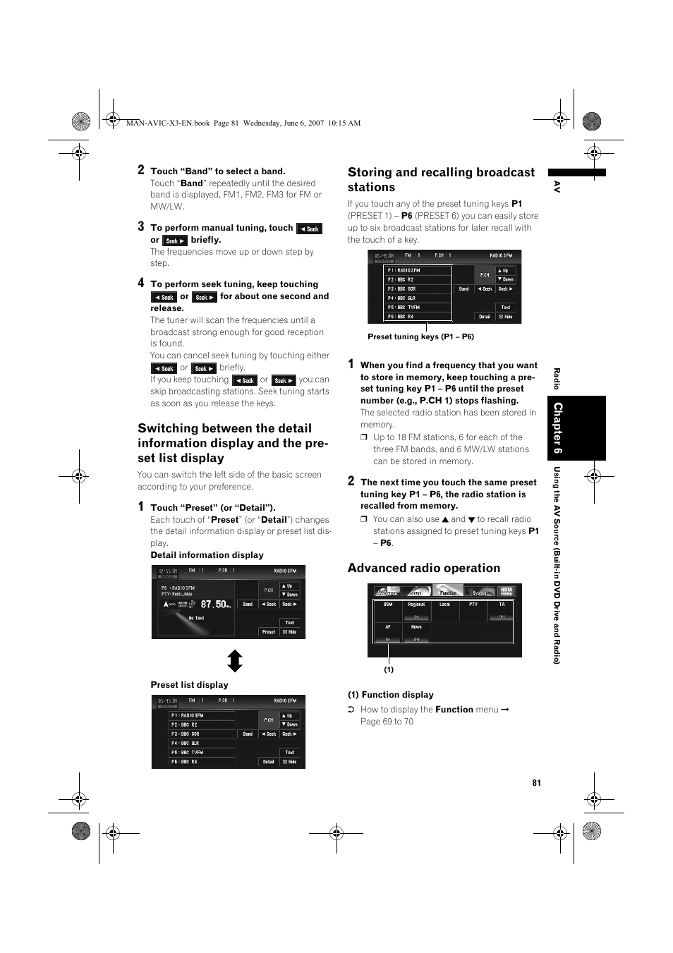 Storing and recalling broadcast stations, Advanced radio operation | Pioneer AVIC-X3 User Manual | Page 83 / 164