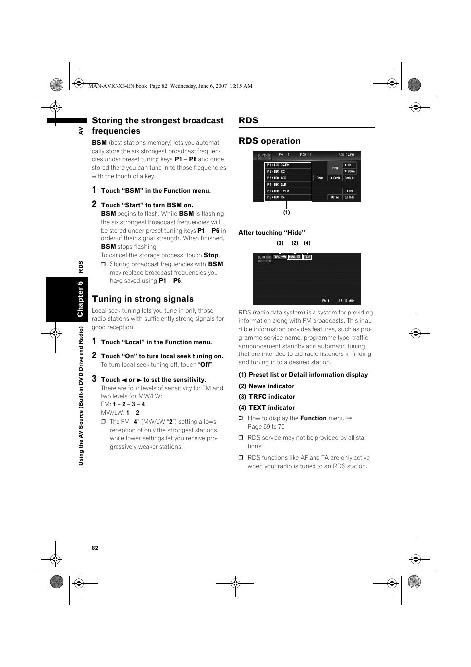 Storing the strongest broadcast frequencies, Tuning in strong signals, Rds rds operation | Pioneer AVIC-X3 User Manual | Page 84 / 164