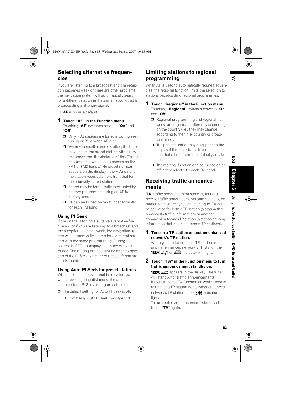 Selecting alternative frequen- cies, Limiting stations to regional programming, Receiving traffic announce- ments | Pioneer AVIC-X3 User Manual | Page 85 / 164