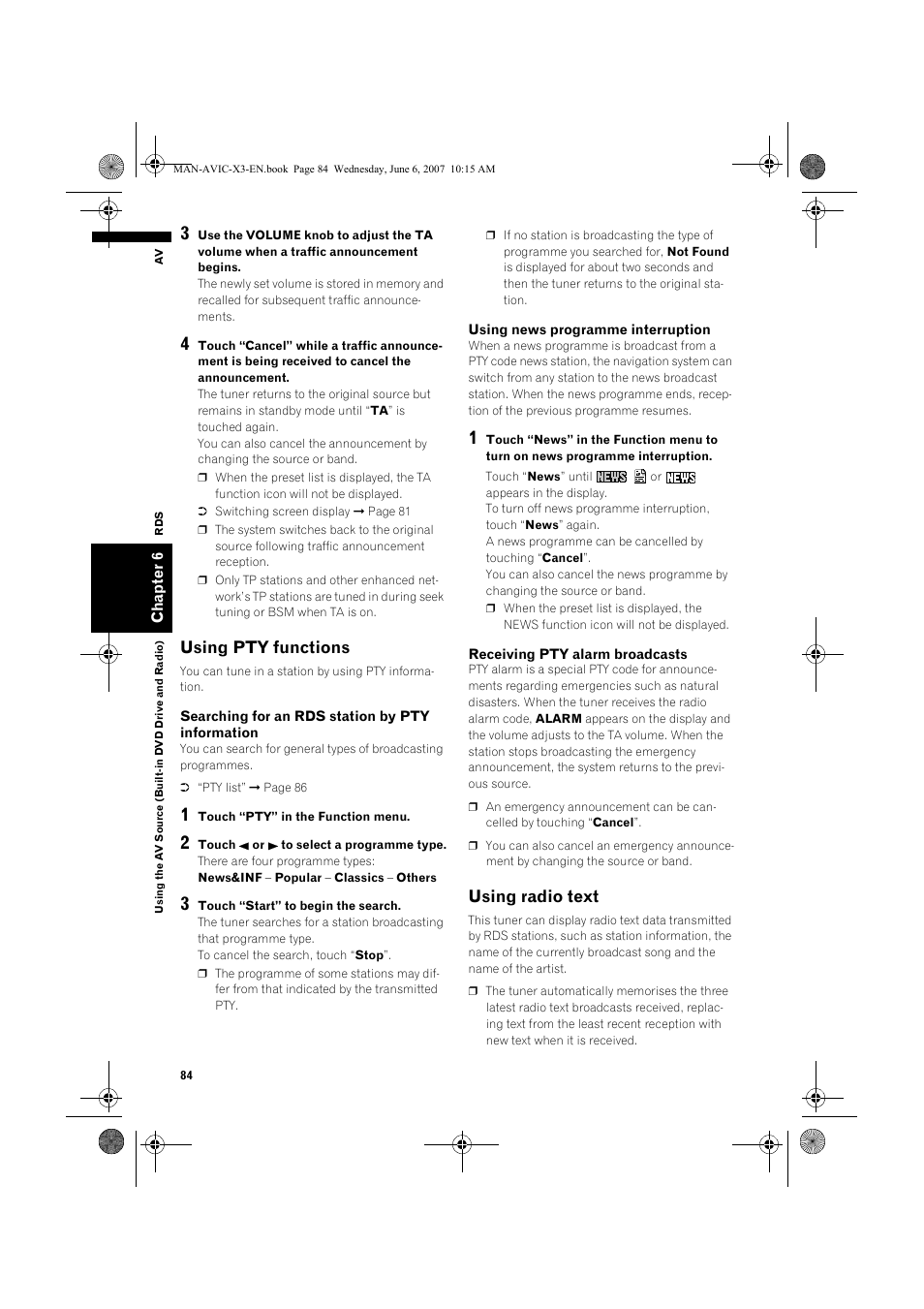 Using pty functions, Using radio text | Pioneer AVIC-X3 User Manual | Page 86 / 164