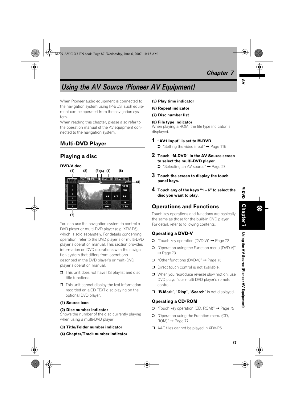 Using the av source (pioneer av equipment), Chapter 7, Multi-dvd player playing a disc | Operations and functions | Pioneer AVIC-X3 User Manual | Page 89 / 164
