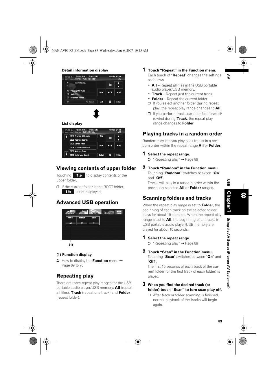 Viewing contents of upper folder, Advanced usb operation, Repeating play | Playing tracks in a random order, Scanning folders and tracks | Pioneer AVIC-X3 User Manual | Page 91 / 164