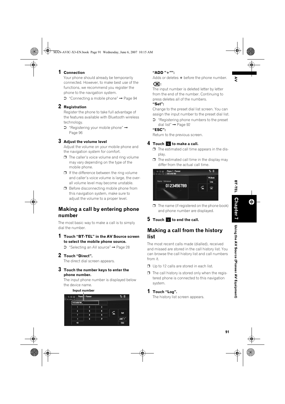 Making a call by entering phone number, Making a call from the history list | Pioneer AVIC-X3 User Manual | Page 93 / 164