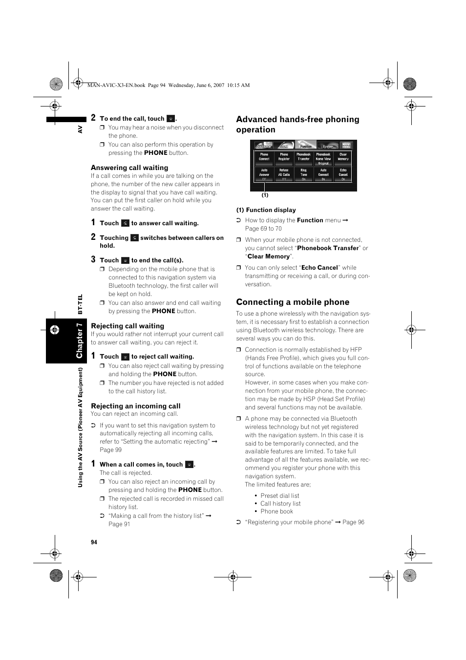 Advanced hands-free phoning operation, Connecting a mobile phone | Pioneer AVIC-X3 User Manual | Page 96 / 164