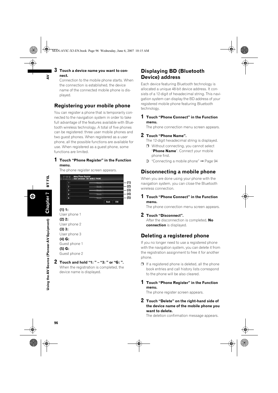 Registering your mobile phone, Displaying bd (bluetooth device) address, Disconnecting a mobile phone | Deleting a registered phone | Pioneer AVIC-X3 User Manual | Page 98 / 164