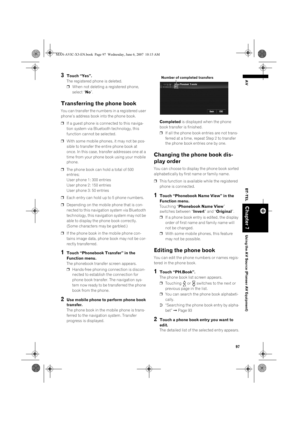 Transferring the phone book, Changing the phone book dis- play order, Editing the phone book | Pioneer AVIC-X3 User Manual | Page 99 / 164