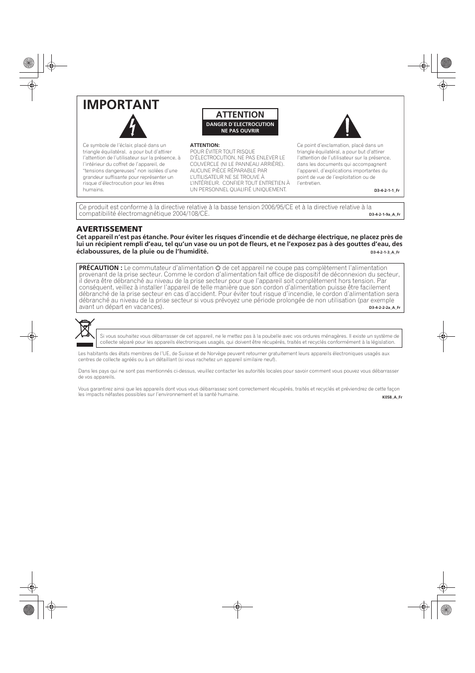 Important, Attention, Avertissement | Pioneer KRP-500M User Manual | Page 110 / 325