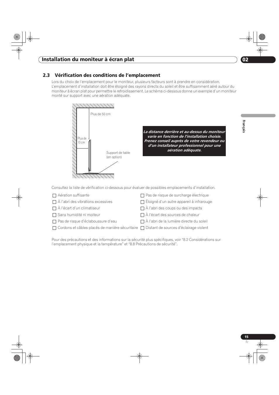 3 vérification des conditions de l’emplacement, 02 installation du moniteur à écran plat | Pioneer KRP-500M User Manual | Page 123 / 325