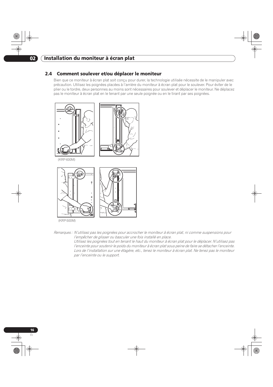 4 comment soulever et/ou déplacer le moniteur, 02 installation du moniteur à écran plat | Pioneer KRP-500M User Manual | Page 124 / 325