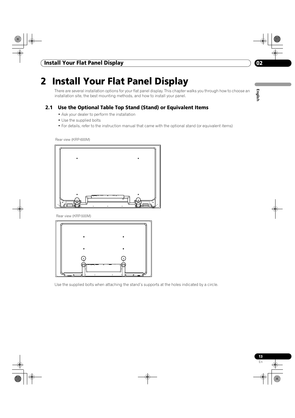 2 install your flat panel display, 02 install your flat panel display | Pioneer KRP-500M User Manual | Page 13 / 325