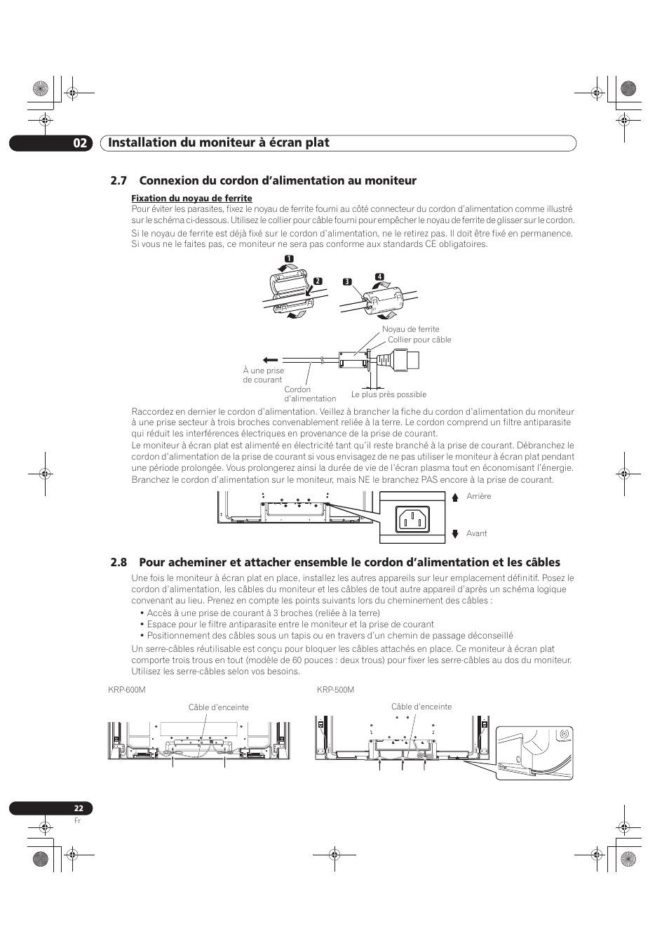 02 installation du moniteur à écran plat, 7 connexion du cordon d’alimentation au moniteur | Pioneer KRP-500M User Manual | Page 130 / 325