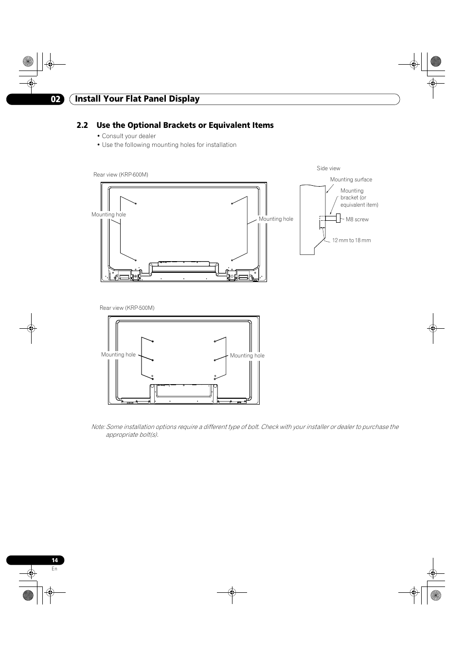 2 use the optional brackets or equivalent items, 02 install your flat panel display | Pioneer KRP-500M User Manual | Page 14 / 325