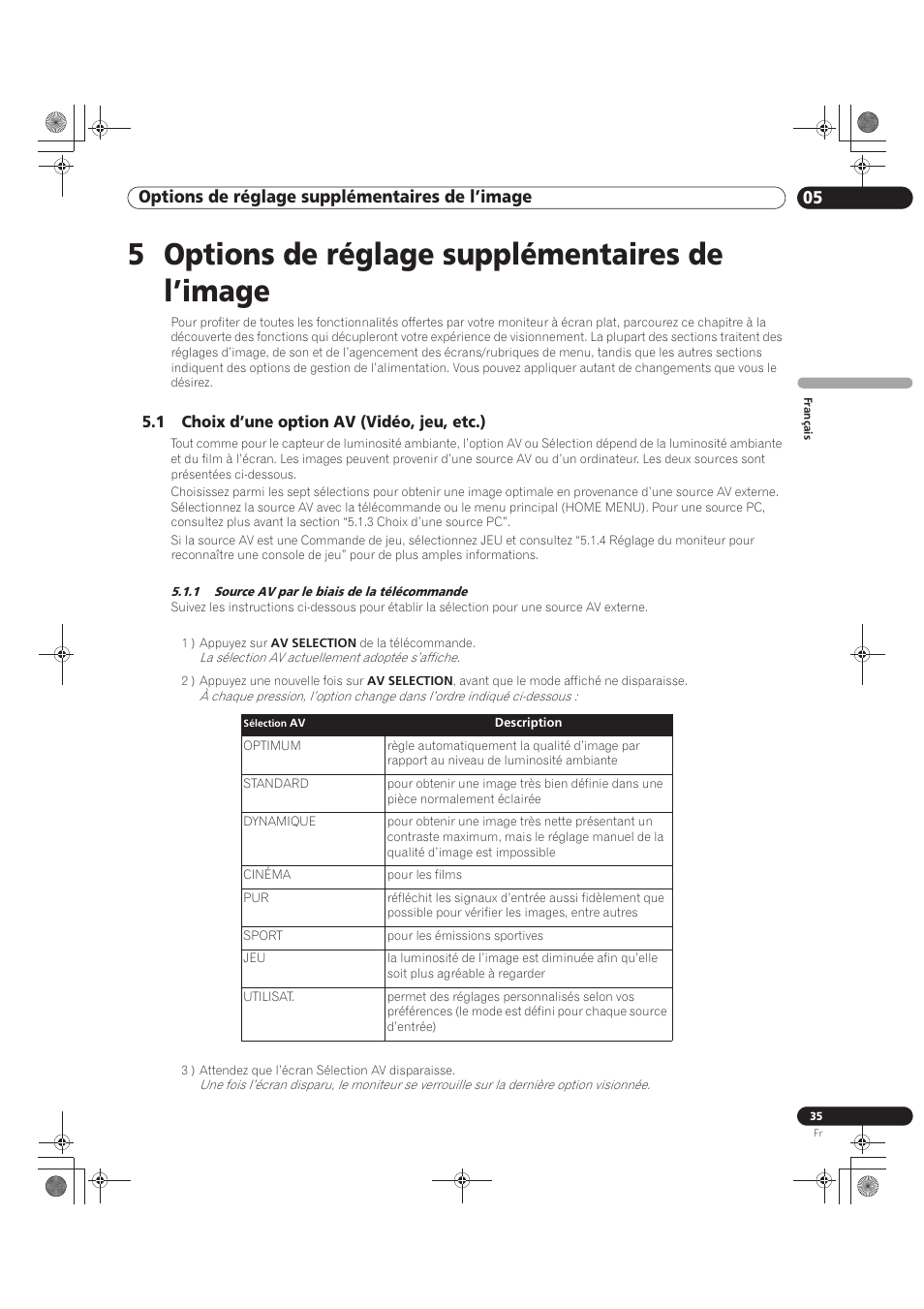 5 options de réglage supplémentaires de l’image, 1 choix d’une option av (vidéo, jeu, etc.), 1 source av par le biais de la télécommande | 05 options de réglage supplémentaires de l’image | Pioneer KRP-500M User Manual | Page 143 / 325