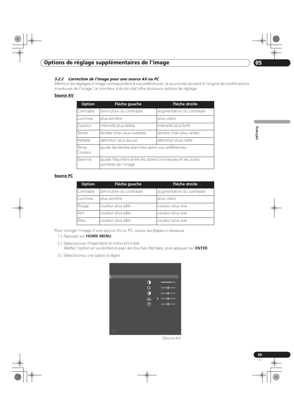 2 correction de l’image pour une source av ou pc, 05 options de réglage supplémentaires de l’image | Pioneer KRP-500M User Manual | Page 147 / 325