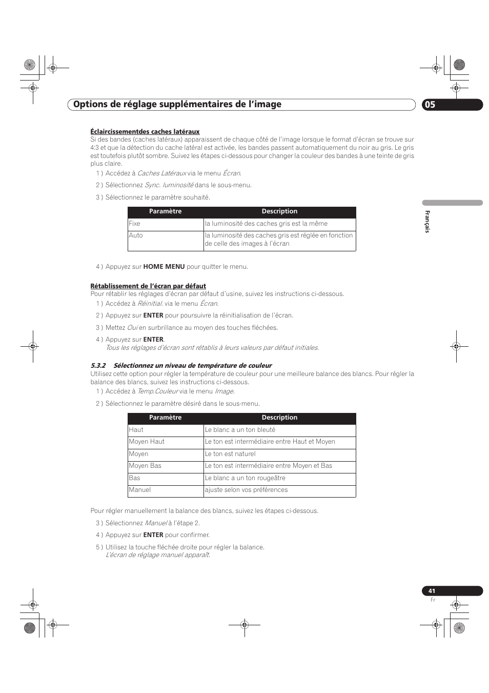 2 sélectionnez un niveau de température de couleur, 05 options de réglage supplémentaires de l’image | Pioneer KRP-500M User Manual | Page 149 / 325