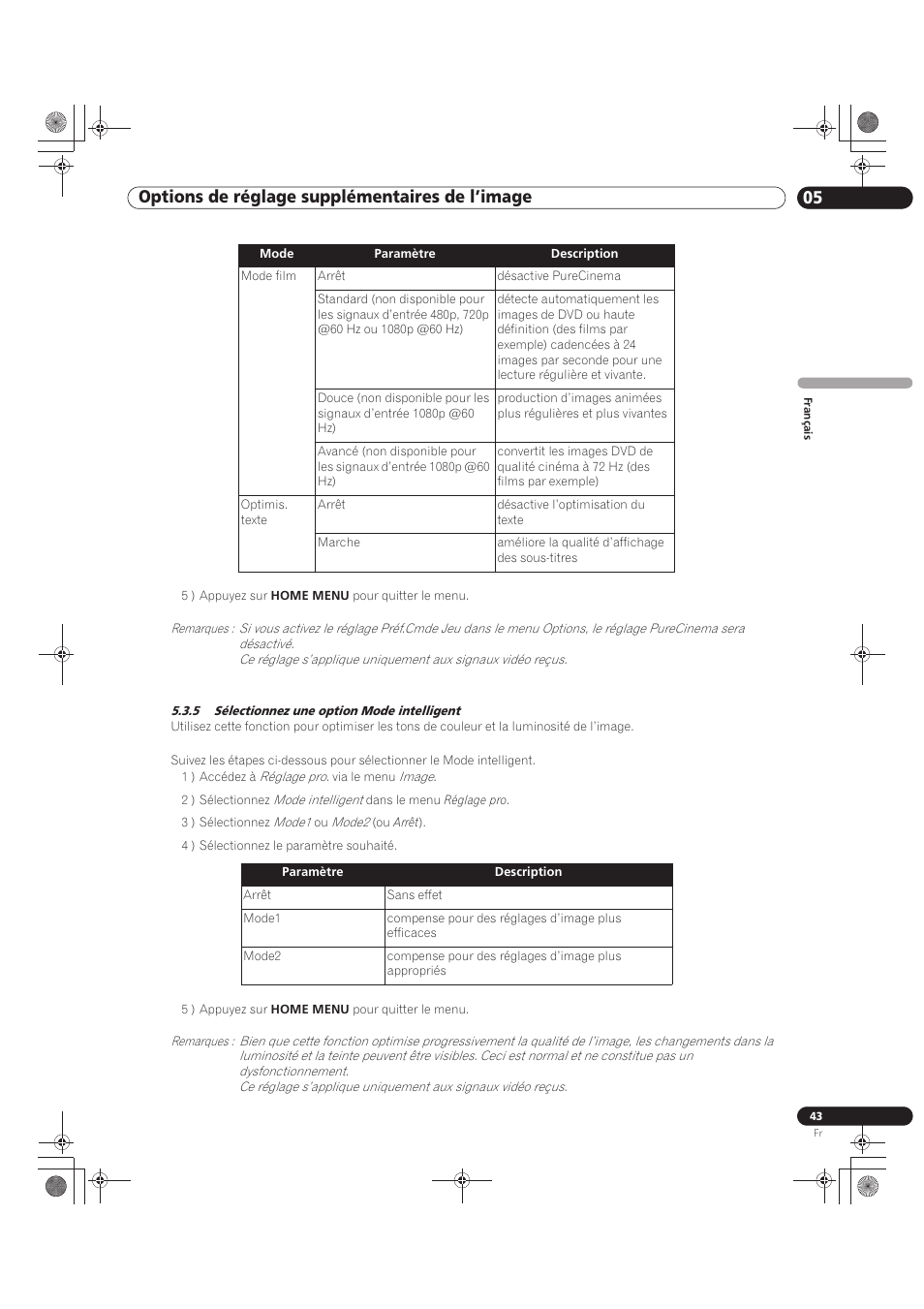 5 sélectionnez une option mode intelligent, 05 options de réglage supplémentaires de l’image | Pioneer KRP-500M User Manual | Page 151 / 325