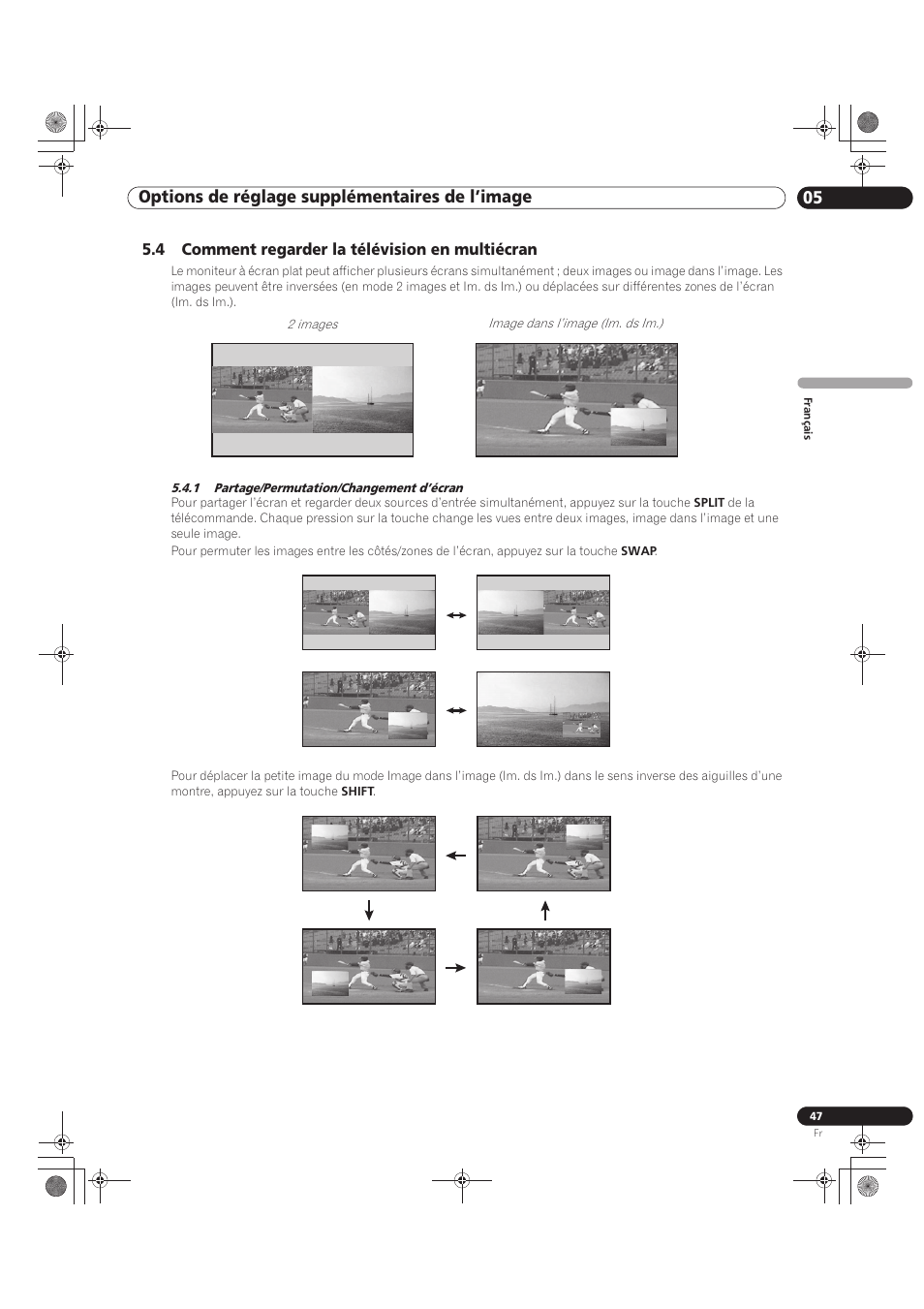 4 comment regarder la télévision en multiécran, 1 partage/permutation/changement d’écran, 05 options de réglage supplémentaires de l’image | Pioneer KRP-500M User Manual | Page 155 / 325