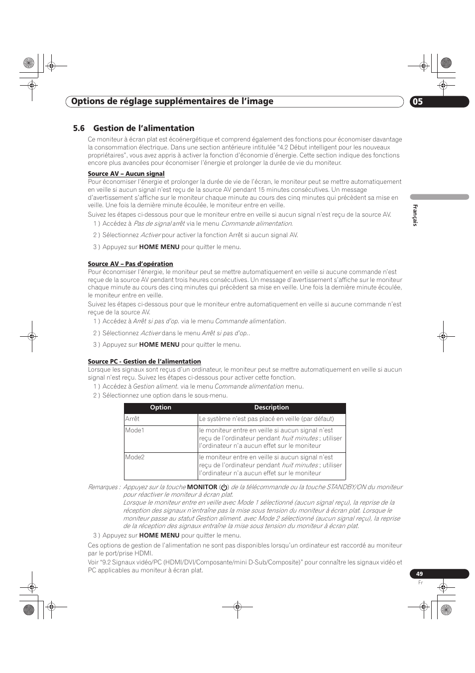 6 gestion de l’alimentation, 05 options de réglage supplémentaires de l’image | Pioneer KRP-500M User Manual | Page 157 / 325