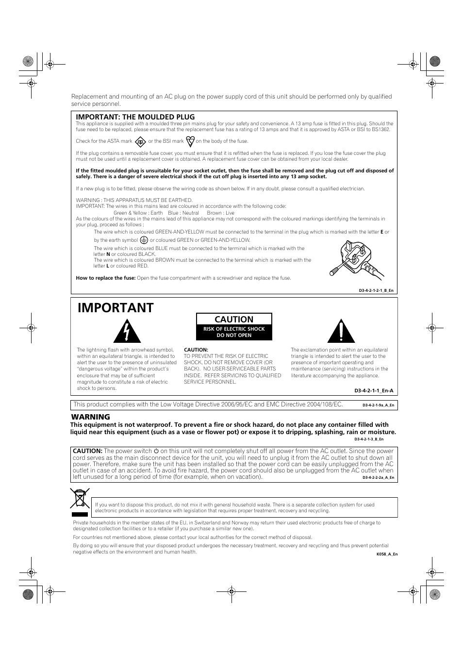 Important, Caution, Warning | Important: the moulded plug | Pioneer KRP-500M User Manual | Page 2 / 325