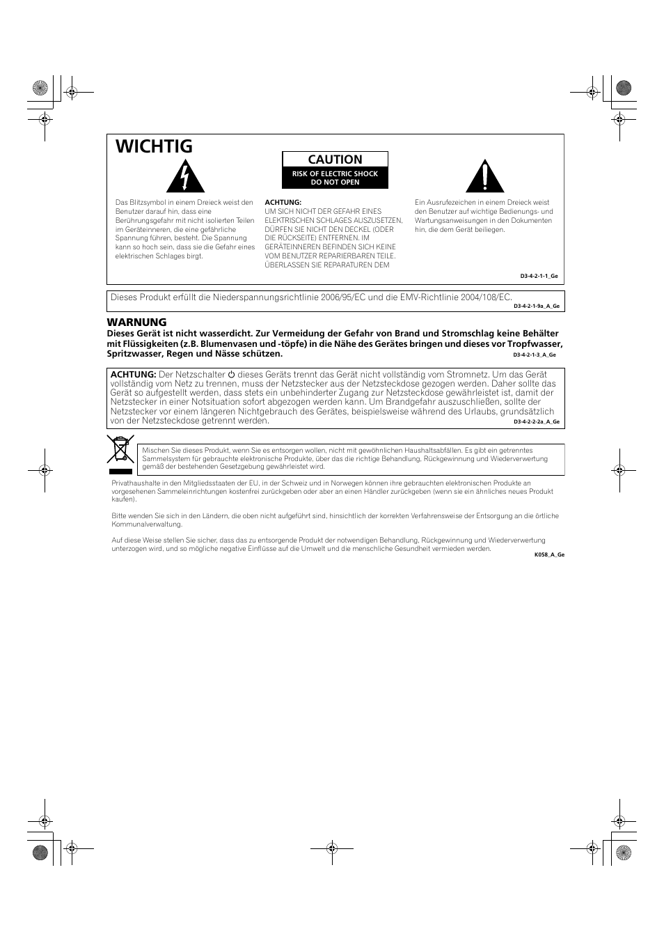 Wichtig, Caution, Warnung | Pioneer KRP-500M User Manual | Page 218 / 325