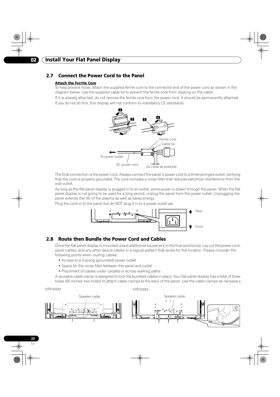 02 install your flat panel display, 7 connect the power cord to the panel, 8 route then bundle the power cord and cables | Pioneer KRP-500M User Manual | Page 22 / 325