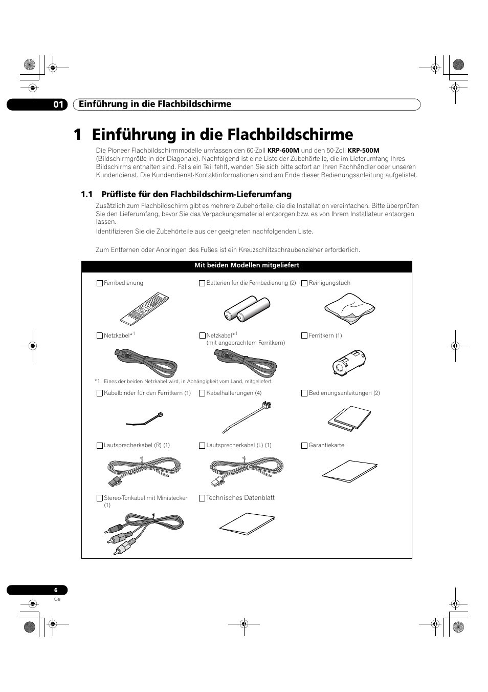 1 einführung in die flachbildschirme, 1 prüfliste für den flachbildschirm-lieferumfang, 01 einführung in die flachbildschirme | Pioneer KRP-500M User Manual | Page 222 / 325