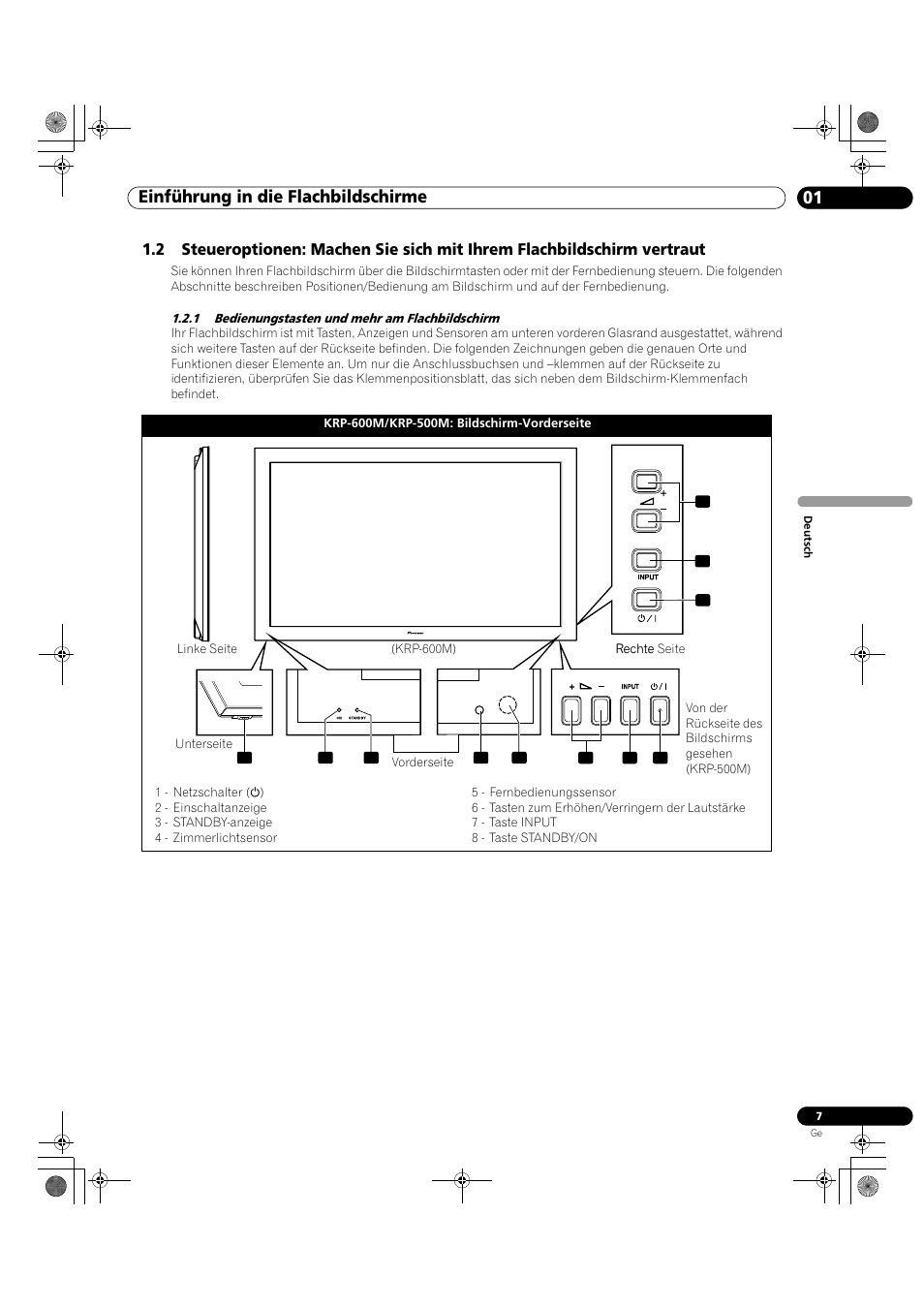 1 bedienungstasten und mehr am flachbildschirm, 01 einführung in die flachbildschirme | Pioneer KRP-500M User Manual | Page 223 / 325