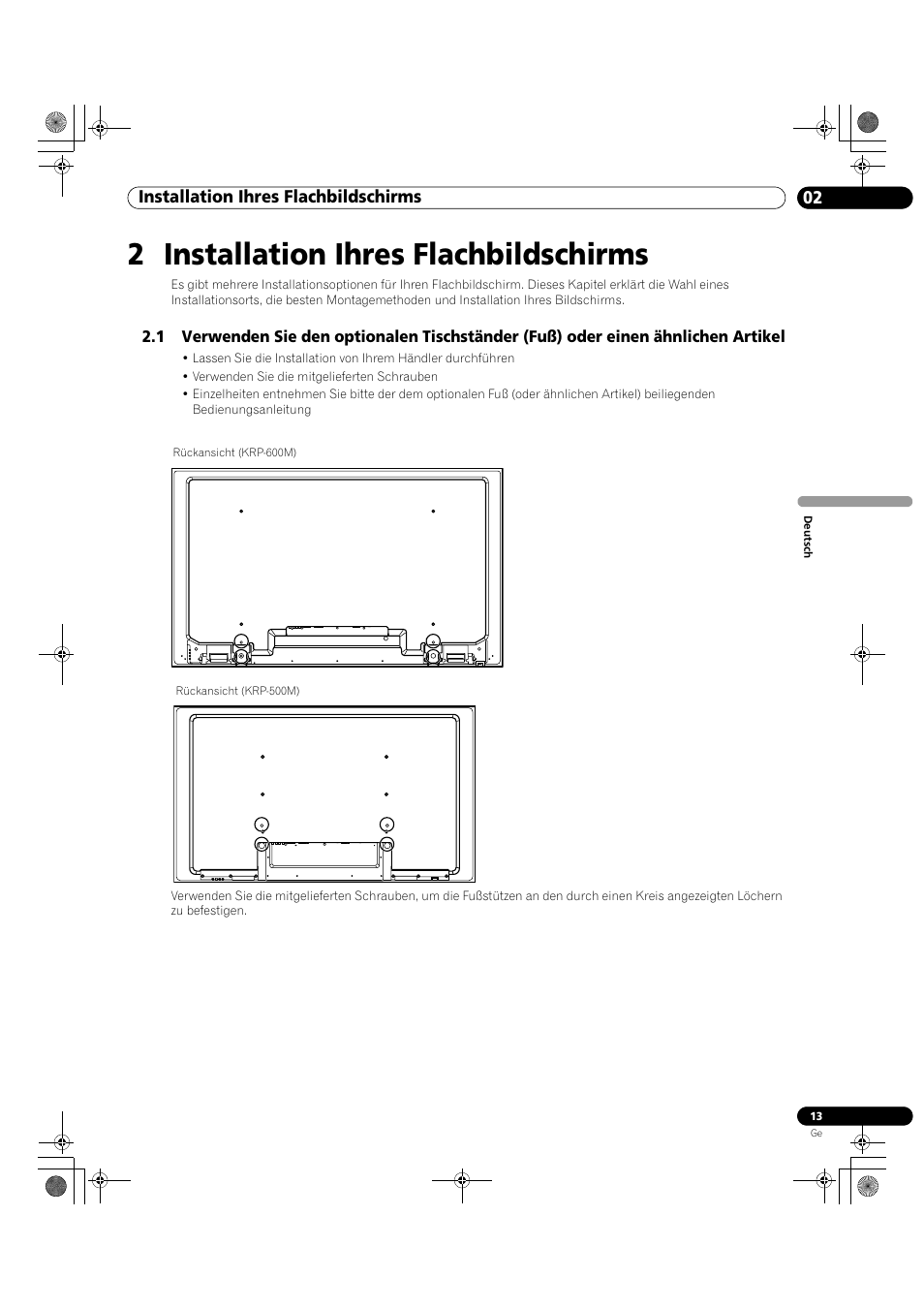 2 installation ihres flachbildschirms, 02 installation ihres flachbildschirms | Pioneer KRP-500M User Manual | Page 229 / 325