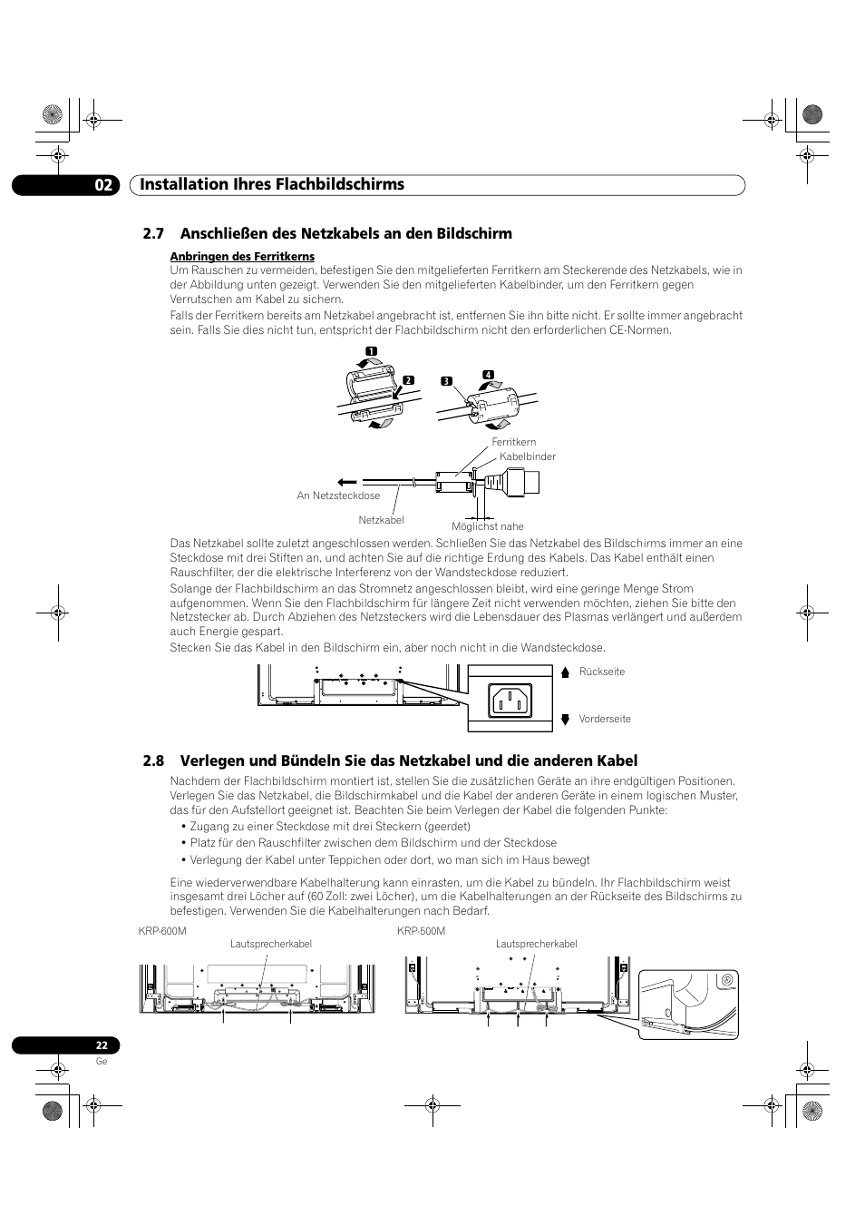 02 installation ihres flachbildschirms, 7 anschließen des netzkabels an den bildschirm | Pioneer KRP-500M User Manual | Page 238 / 325