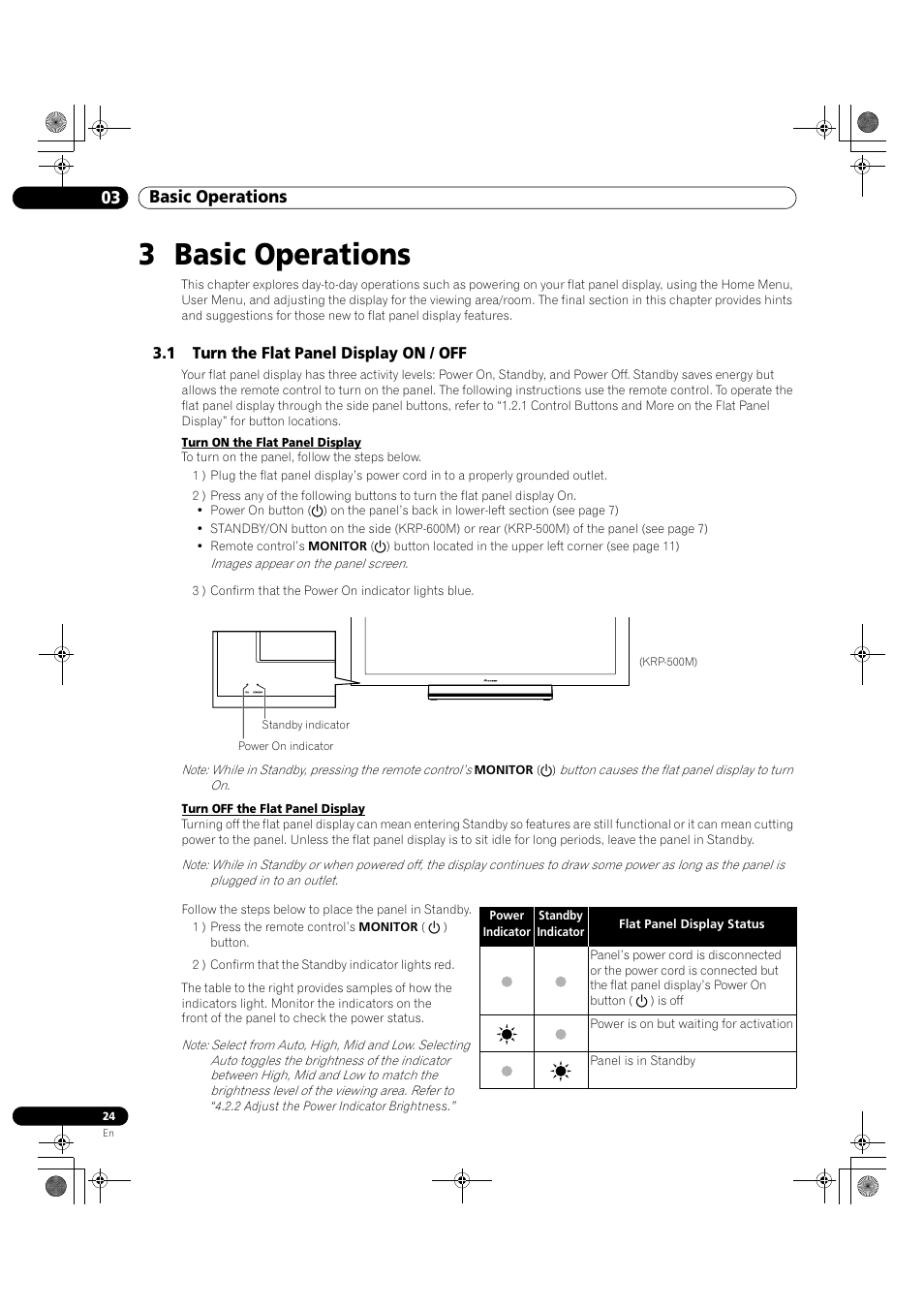 3 basic operations, 1 turn the flat panel display on / off, 03 basic operations | Pioneer KRP-500M User Manual | Page 24 / 325