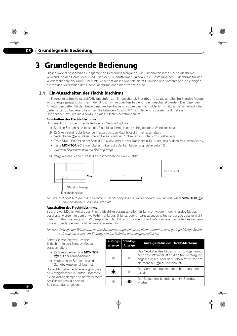 3 grundlegende bedienung, 1 ein-/ausschalten des flachbildschirms, 03 grundlegende bedienung | Pioneer KRP-500M User Manual | Page 240 / 325
