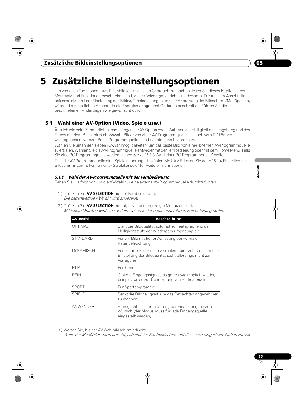 5 zusätzliche bildeinstellungsoptionen, 1 wahl einer av-option (video, spiele usw.), 1 wahl der av-programmquelle mit der fernbedienung | 05 zusätzliche bildeinstellungsoptionen | Pioneer KRP-500M User Manual | Page 251 / 325