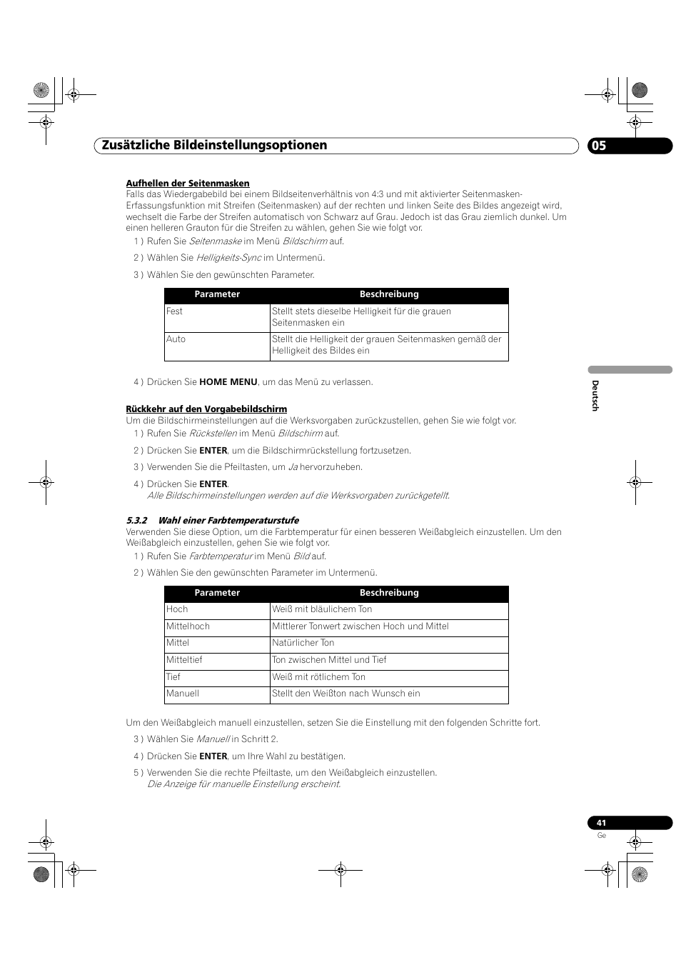 2 wahl einer farbtemperaturstufe, 05 zusätzliche bildeinstellungsoptionen | Pioneer KRP-500M User Manual | Page 257 / 325