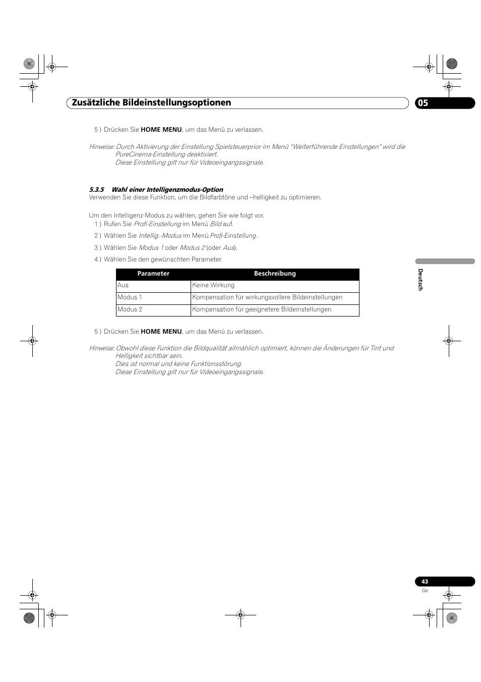 5 wahl einer intelligenzmodus-option, 05 zusätzliche bildeinstellungsoptionen | Pioneer KRP-500M User Manual | Page 259 / 325